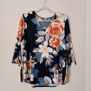 Chicos Navy and Orange Lightweight Floral Sweater Cottagecore Garden Party Artsy